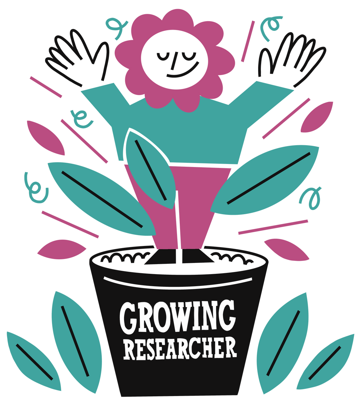 Cartoon of a person growing out of a flower pot with the title 'growing researcher'